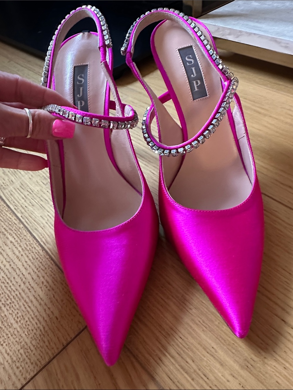 SJP Hot Pink Satin Pointed Slingback Heels with Crystal Strap